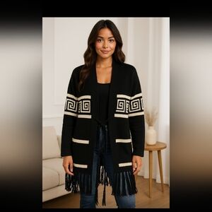 She’s So Fresh Black & Cream Fringe Cardigan XL – Boho Open Front Sweater